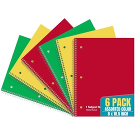 1InTheOffice Wide Ruled Spiral Notebook, 1 Subject Notebook, 8" x 11", 70 Sheets, Assorted Colors, 6 Pack