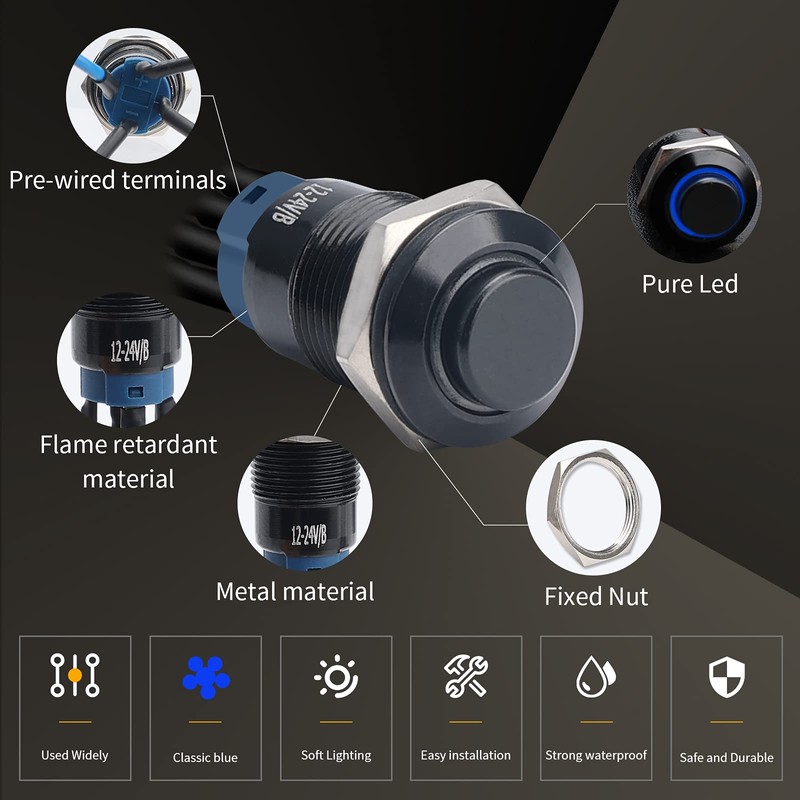STARELO 5pcs 12mm Momentary led Push Button Switch Black Shell