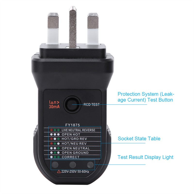 FY1875 Socket Tester Outlet Detector Safety Leakage Protection Testing InstrumentUK