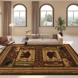 Qmkmyy Brown Bear Cabin Bordered Area Rug Under Sofa Table Rustic Lodge Moose Deer Kitchen Runner Rugs Non-Slip Floor Carpet Mats,3'x5'