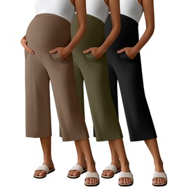 Sweetyweee 3 Pack Women's Maternity Capris, Cotton Over The Belly Pregnancy Cropped Pants High Waisted Adjustable with Pocket(Black, Army Green, Coffee,Medium)