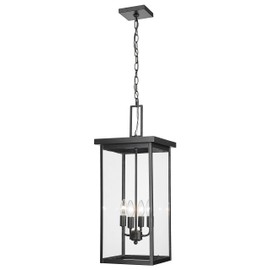 ML Lighting | Barkeley Collection | 42605-PBK | 27" Modern Four Bulb Outdoor Steel Large Hanging Lantern | Anti-Rust Powder Coat Black with Clear Glass Shade | Exterior Ambient Light for Safety