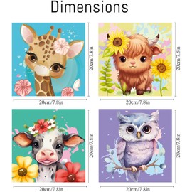 LOITTAINUE Paint by Numbers 4 Pieces from 5 6 7 8 9 Years Girls and Boys - DIY Painting by Numbers Animals for Children and Beginners with Brush and Acrylic Paints 20 x 20 cm (C)