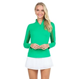 IBKUL Athleisure Wear Sun Protective UPF 50+ Icefil Cooling Tech Long Sleeve Mock Neck Top with Under Arm Mesh 80000 Green Solid XS