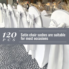 Showgeous 120 PCS Silver Satin Chair Sashes Bows Decoration Cover Sash Ties for Banquet Party Baby Shower Event Decorations (7 x 108 inch)