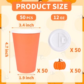 50Pcs Fall Disposable Coffee Cups with Lids and Sleeves Pumpkin Thanksgiving Orange 12oz Paper Drinking Cups To Go for Autumn Harvest Birthday Baby Shower Party Supplies