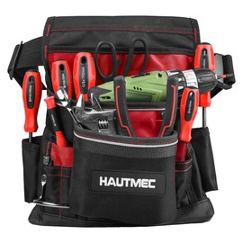 HAUTMEC Heavy-Duty Tool Belt Pouch – 12-Pocket 1680D Tool Bag with Adjustable Waist Strap, Hammer Holder & Reflective Safety Strips – HT0220