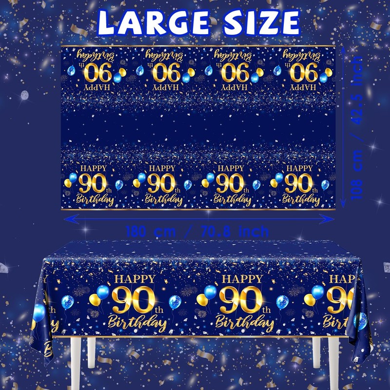 GREHUMOR 90th Birthday Decorations Men-3pcs Navy Blue Birthday Table Covers