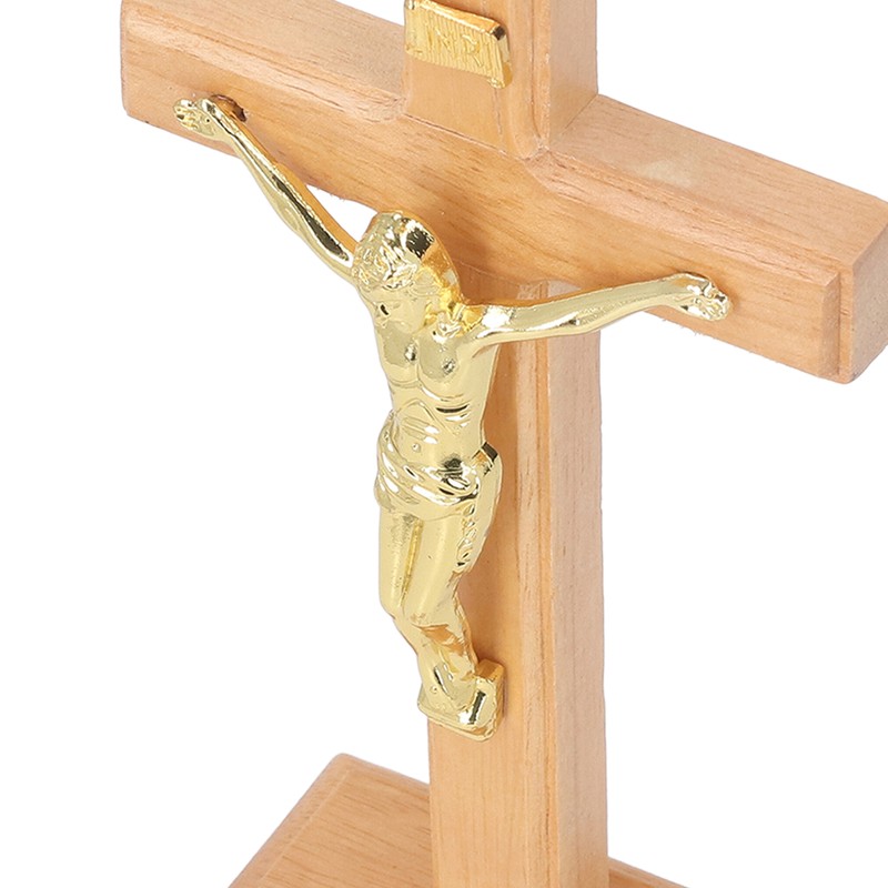 Crucifix Table Cross Hand Crafted Light Brown Durable Beech Metal