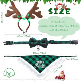 6 Pieces Christmas Dog Bandana Bow Tie with Reindeer Headband Costume Xmas Buffalo Plaid Pet Triangle Scarf Bib Adjustable Bowtie Collar for Dogs Cats Pets Christmas Decoration (Red, Green,Cute Style)