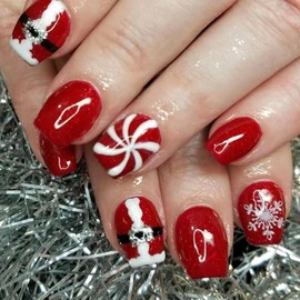 Christmas Press on Nails Short Square MABKJLF Winter Fake Nails Red False Nails with Designs Santa Snowflake Swirl Full Cover Glossy Glue on Nails Xmas Acrylic Nails for Women Girls 24 Pcs