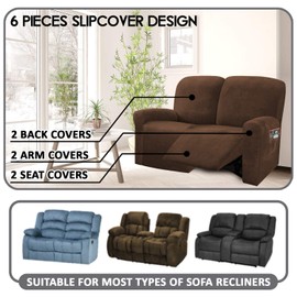 ULTICOR Reclining Love Seat Slipcover, 48" - 65" L, 6-Piece Velvet Stretch Loveseat Reclining Sofa Covers, 2 seat Love seat Recliner Cover, Thick, Soft, Washable (Chocolate)