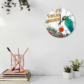 10 Inch Silent Non-Ticking Wall Clocks Battery Operated It's Five O'clock Somewhere Home Decoration for Patio Tiki Bar Pool Hot Tub Luau Modern Round Wooden Wall Clock Rustic for Indoor Restroom