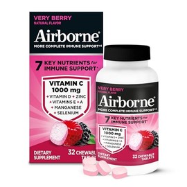 Airborne Very Berry Chewable Tablets, 32ct | Immune Support Supplement with 1000mg Vitamin C + Vitamins A, D, E, Zinc,Selenium, & Manganese | Herbal b
