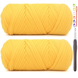 2 Pack Tshirt Yarn for Crocheting,Yellow T Shirt Chunky Elastic Fabric Thick T-Shirt Crochet Yarn for Beginners Crocheting Hand Knitting Bag/Basket/Coasters/DIY Crafts/Home Decor 2*200G(Golden Yellow）