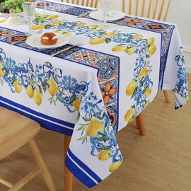 SASTYBALE Lemon Table Cloth, 60 x 120 Inch Rectangle Summer Tablecloth, Stain and Water Resistant White Polyester Decorations Fabric Table Cover for Dining, Party, Picnic, Indoor, Outdoor Use
