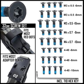 TSA® 32-Piece Screw Set for Red Dot Optics & Adapter Plates – Fits Trijicon®, Holosun®, Vortex®, Shield®, Docter®, Vector Optics® – Pre-Applied Threadlocker – Includes T10 Hex Key