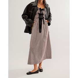 ABYOVRT Women Plaid Maxi Dress Long Puff Sleeve Square Neck Flowy Boho Dress Bow Tie Smocked Fall Dresses (Brown,S)