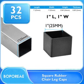 BOPOREAE 32 Pcs 1" x 1" Square Rubber Chair Leg Caps, PVC Table Leg Covers, Flexible & Anti-Slip Furniture Leg End Caps, Chair Leg Floor Protectors for Bar Stool Leg Patio Indoor, Black