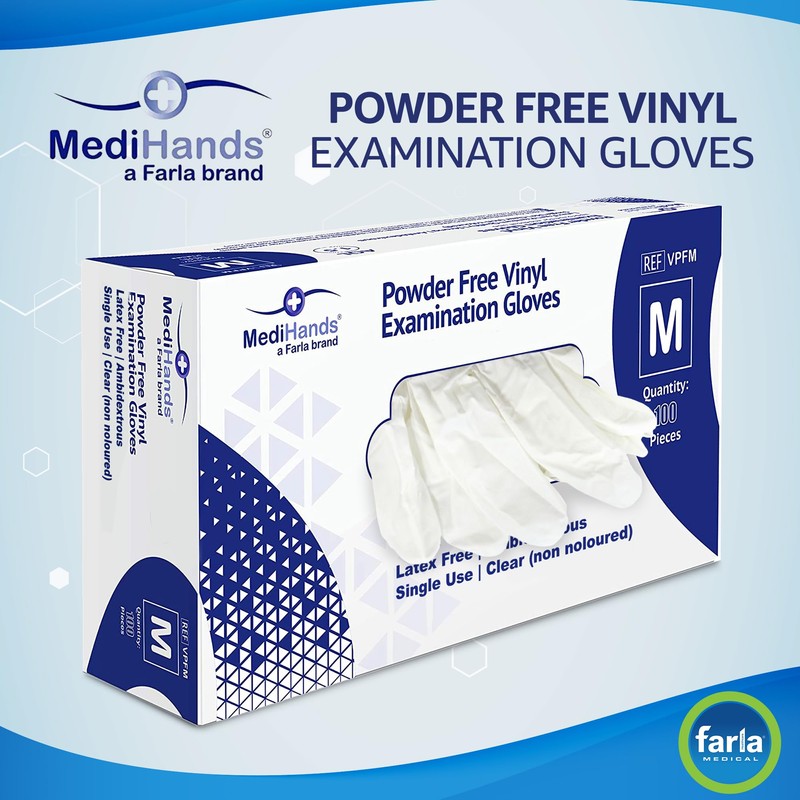 Farla Medical MediHands Vinyl Clear Medium Gloves, Disposable Surgical Gloves,