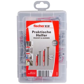 fischer Practical helper for wet and outdoor use, dowel box, 120 pieces with stainless steel screws and DuoPower dowels, universal set for fixings in damp rooms and outdoor areas