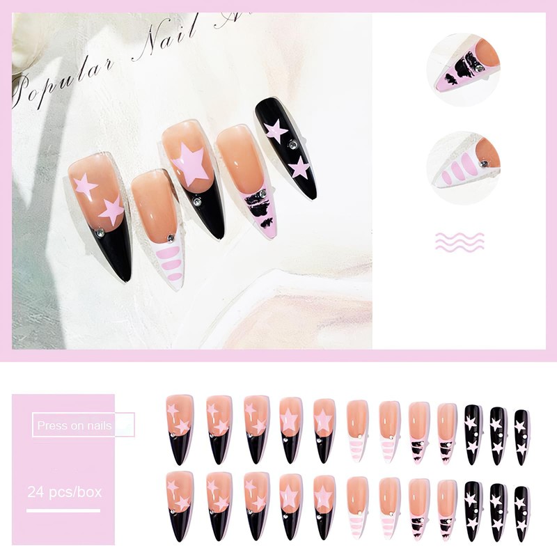 Huanxiangouyue Black Pink Press On Nails Almond 24pcs Long Nails