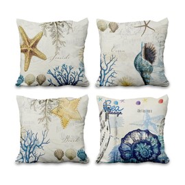 Aoihrraan 41 x 41 cm, Set of 4 Decorative Ocean Themed Cushion Covers, Beach Shell, Starfish, Coral Decorative Cushion Cover, Square Couch Cushions, Summer, Bedroom, Living Room, Outdoor, Garden,