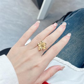 OIDIMS Gold Flower Statement Rings Trendy Stainless Steel Adjustable Open Minimalist Floral Wrap Finger Promise Dainty Expandable Engagement Wedding Stacking Ring Hypoallergenic Jewelry for Women Her