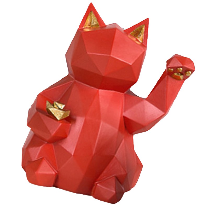 Fortune Cat Figurine Geometry Style Eco Friendly Resin Bright Red