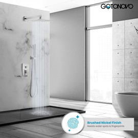 gotonovo Brushed Nickel Wall Mount Shower Faucet Set 12 Inch Square Showerhead Bathroom Rainfall Shower System SUS304 Shower Trim Kit 2 in 1 Cylindrical Handheld shower with Rough-in Valve
