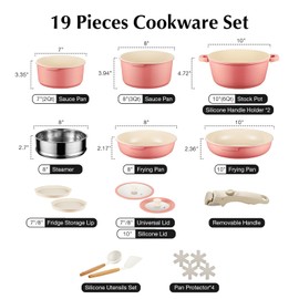 IKTU Ceramic Pots and Pans Set Non Stick Pink, 19 Pcs Nonstick Cookware Set with Detachable Handle RV Camping Induction Kitchen Cookware Set Non Stick, PFAS PFOA & PTFE Free