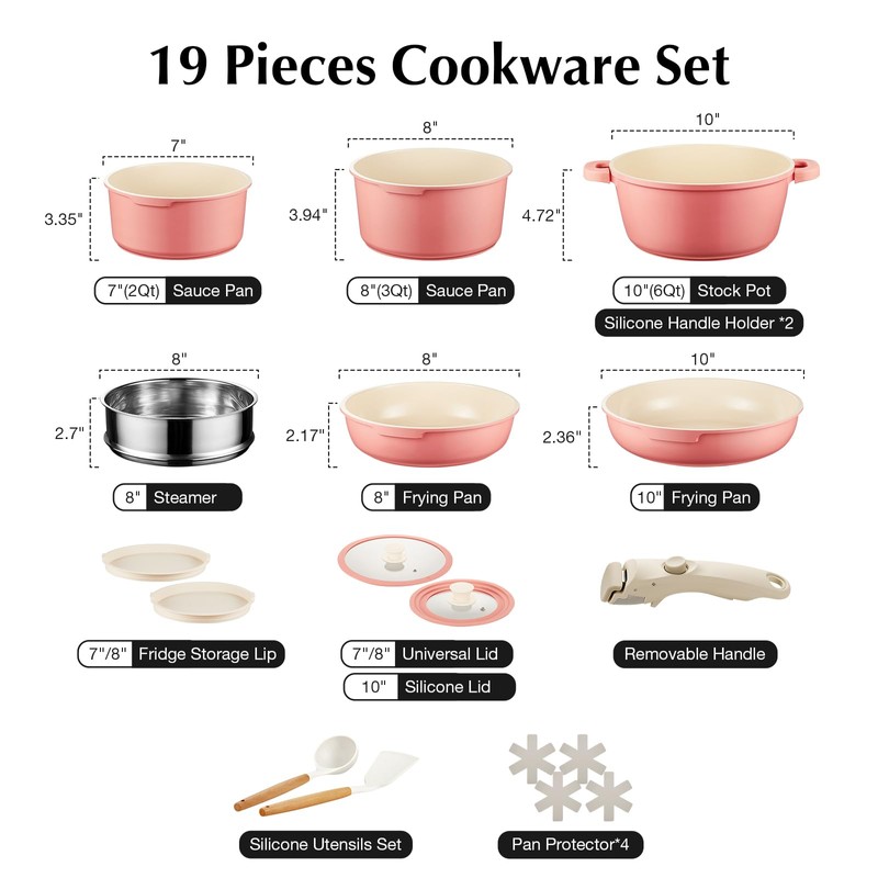 IKTU Ceramic Pots and Pans Set Non Stick Pink, 19