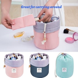 Women Travel Make Up Bag,Pouches Cosmetic Bags Girls Barrel Shaped Hanging Toiletry Wash Bags Nylon Drawstring Makeup Organizer Storage Bag + Small Zipper Pocket+PVC Transparent Brush Bag (Blue)