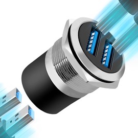 YiKaiEn Dual USB 3.0 Panel Mount Adapter - Threaded Round Connector with Waterproof Dust Cover, 2 Female to 2 Female Ports, 5Gbps for High-Speed Data Transfer, 5V 2A for Charging (5-Pack Silver)