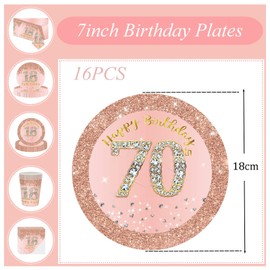 ATBEAMEN 16pcs Rose Gold 70th Birthday Paper Plates 7inch 70th Party Table Decor,70th Birthday Party Paper Plates 7'' Tableware,Happy 70th Birthday Tableware Plate for Her,,70th Party Supplies