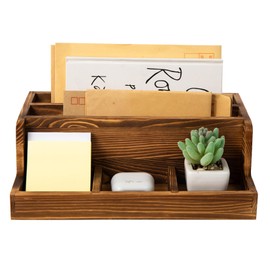 ExoLiry Rustic Brown Wood Mail Organizer Stationery Sorter Letter Holder Office Supply Storage Caddy 2 Slots 3 Trays Desktop Envelope Document Notepad Countertop Daily Accessories Table Home Entryway