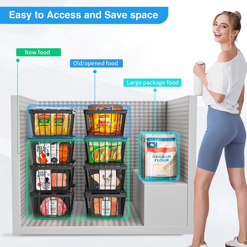 Wrrlors Freezer Organizers bins with Folding Handles，4 Pack Stackable Upright