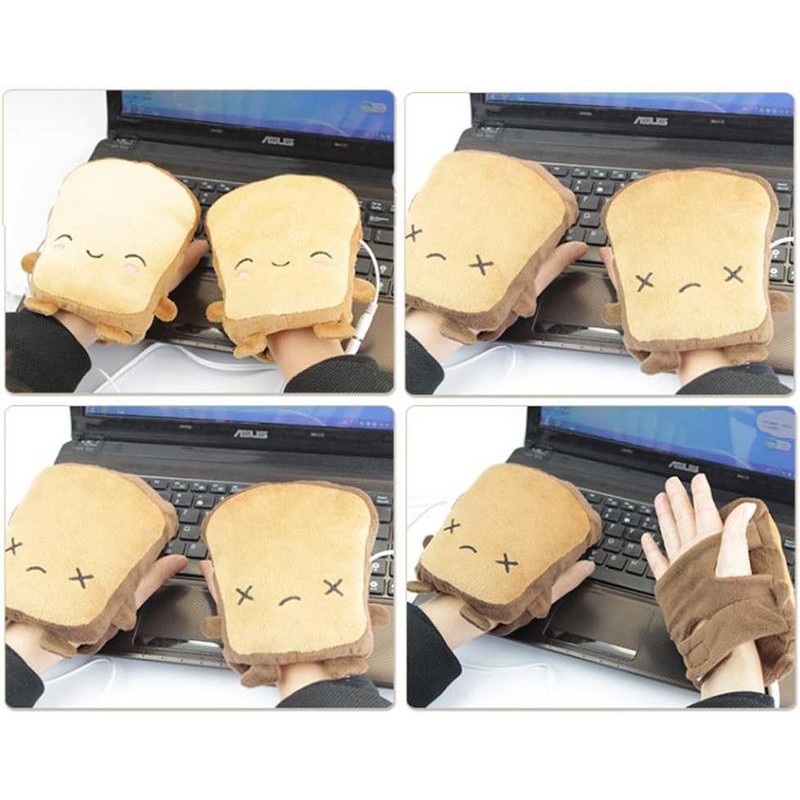 Womens Cute Toast Bread Embroidery Face Hand Warmer Winter USB