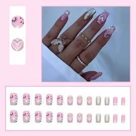 Pink Press on Nails Short Square Love Heart Fake Nails with Nail Foil Glitter Design Glue on Nails Full Cover Exquisite Acrylic Nails Artificial Coffin Valentine's Day False Nails for Women 24Pcs