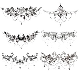 6 Sheets Fake Tattoos Body Tattoo Stickers for Women Chest Tattoo Waist and Back Reversible False Tattoos Temporary Tattoos for Sticking, Belly, Chest, Waterproof Women Tattoo Sticking