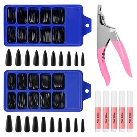 200PCS Black Coffin Acrylic False Nail Tips with Nail Cutter, Nail Tips Glue - Pure Color Long Ballerina Acrylic Nail Set Full Cover Long Stiletto Coffin Nail Tips