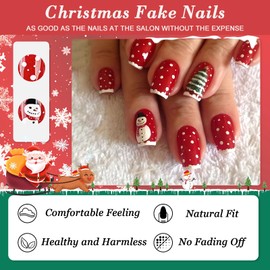 24Pcs Christmas Red French Fake Nails Short Square Press on Nails Cute Snowman Christmas Tree Design Winter False Nails Glossy Artificial Glue on Nails Reusable Stick on Nails for Women Nail Art