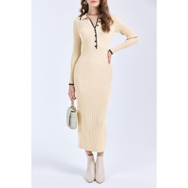 Langwyqu Womens Knit Long Sweater Dress Button V Neck Collared Long Sleeve Ribbed Bodycon Pullover 2024 Fall Maxi Dresses Beige
