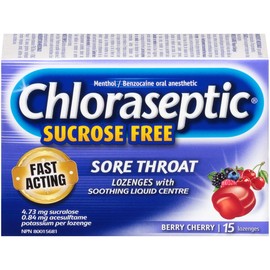 Chloraseptic Fast Acting Sore Throat Lozenges with Soothing Liquid Centre, Sugar Free, Berry Cherry Flavour, 15 Lozenges