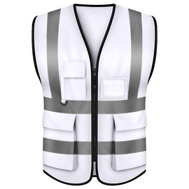 TopTie 5 Packs White Safety Vest, Incident Command Vest with 5 Pockets and High Visibility 2" Reflective Strips-White-XL