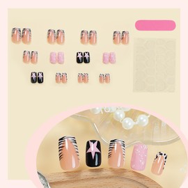 24Pcs 3D Handmade Press on Nails Short Square Fake Nails Cute French Tip False Nails with Stripes Stars Pattern Design Acrylic Nails Press ons Short Glue-Less Nails Reusable Nails for Women