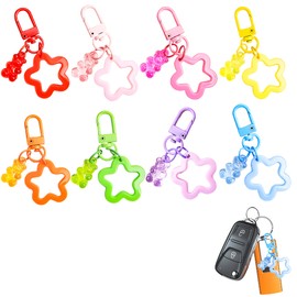 8PCS Hollow Star Pendant Keychain Set, Cute Transparent Bear Design, Candy Color Plastic Pentagram Keychain Stars, Lightweight Keyring Bag Charms for Daily Carry & Decor, Suitable for Various Uses