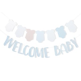 Welcome Baby Party Banner Blue - Gender Reveal Party Banner, Bodysuit Theme Party Decorations, Blue Baby Growth Wreath, Gender Revealing Neutral Party Supplies (Welcome Baby Blue)
