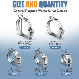 DLOUBLEIY DLOUBLEIY 45PCS Hose Clamp Assortment Kit - Stainless Steel Hose Clamps with Worm Gear, Adjustable 1/4'' to 1-1/8'' (6-29mm) for Plumbing, Automotive, and Mechanical Applications