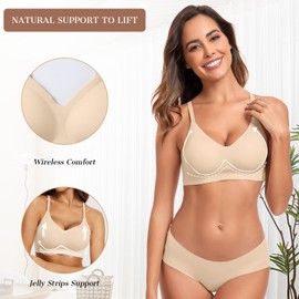 OEAK Womens Seamless Bra Support V Neck Bralettes Adjustable Wireless Padded Comfort Bras Adjustable Basic Everyday Bras Beige M